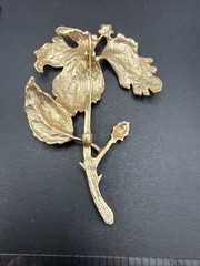 HUGE Flower Brooch Pin Gold Tone Rhinestone Red Enamel J20