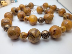 Vintage 195Os Orange Brown Mix Early Plastic Beads Necklace 17″ Bracelet 7″ Set