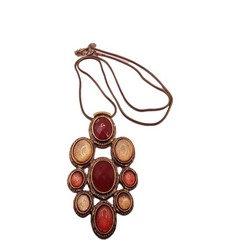 Vintage Liz Claiborne Pendant Necklace Red Amber Gold Tone Statement 30 to 32 in