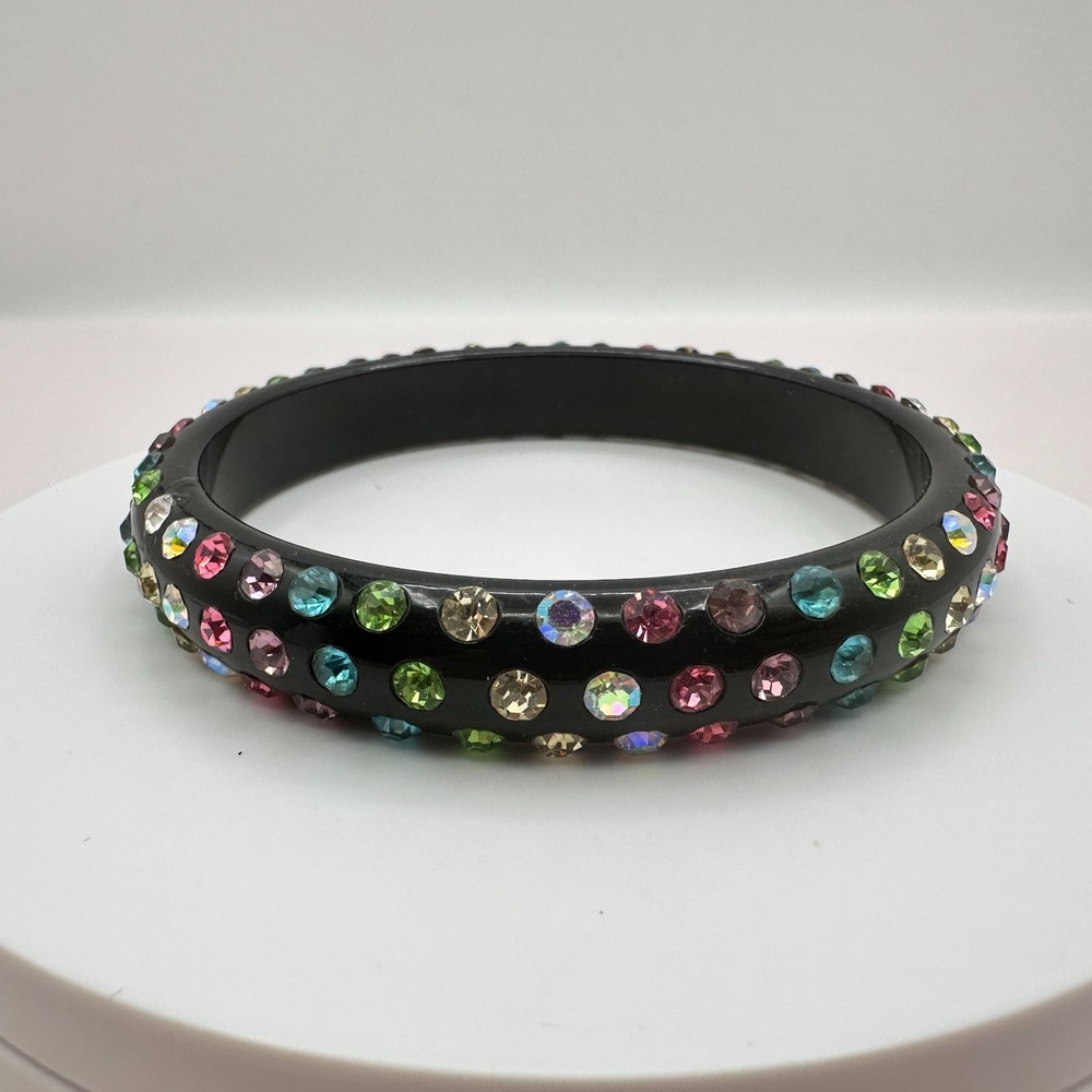 Vintage 80s Black Bangle Bracelet Multicolor Glass Inset Classic Fashion Jewelry