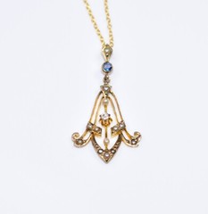 RARE! Antique Edwardian 10KT Gold *WHITE SAPPHIRE *BLUE TOPAZ *PEARLS* Pendant!