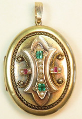 Victorian 1800’s 2 Picture Engraved Locket 19/13K Yellow Gold Emerald Ruby Pearl