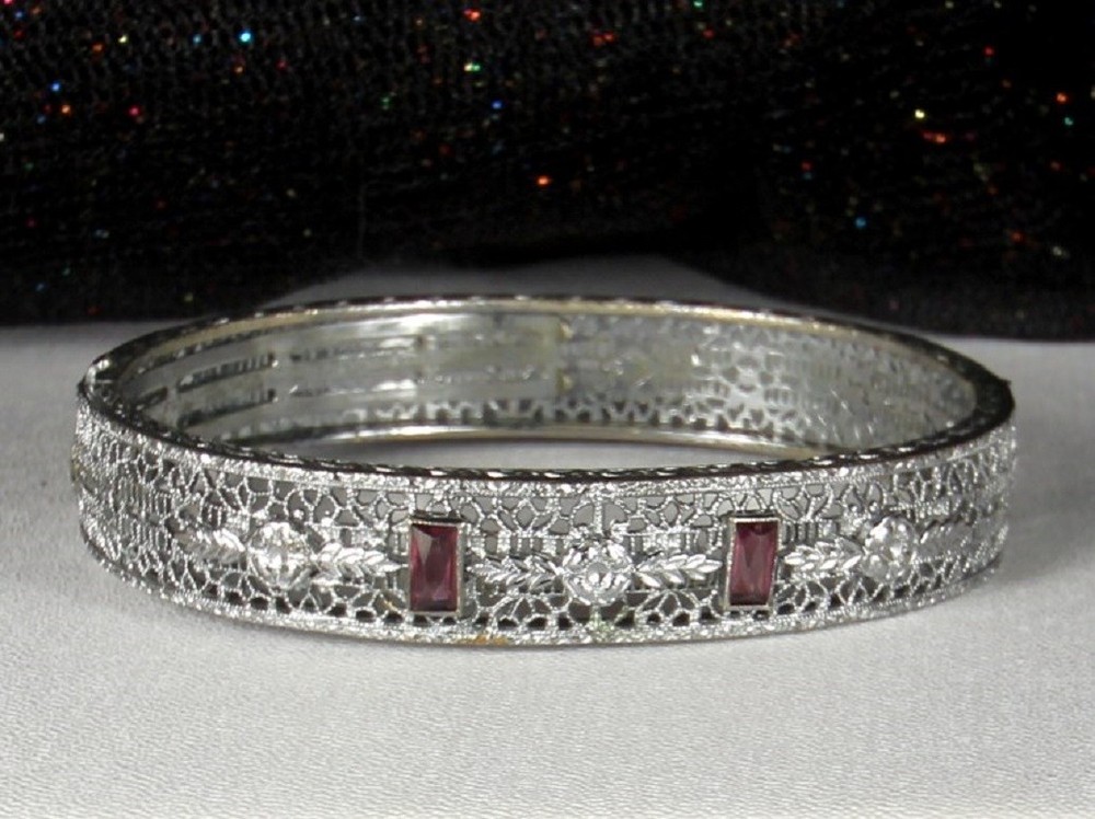 1920s Deco Filigree Bracelet JH PECKHAM Hinged Bangle Amethyst Paste Rhodium