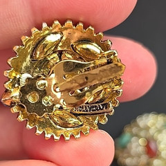 Vintage Hollycraft Brooch Earrings Set Fruit Salad Glass Pearl Gold Tone