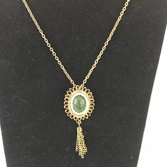 Vintage Gold Tone Faux Jade/Pearl Brooch Pendant Necklace with Tassel 24″