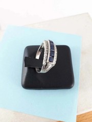 Art Deco Style Blue Sapphire Lab Created Diamond 14K White Gold Birthday FN Ring