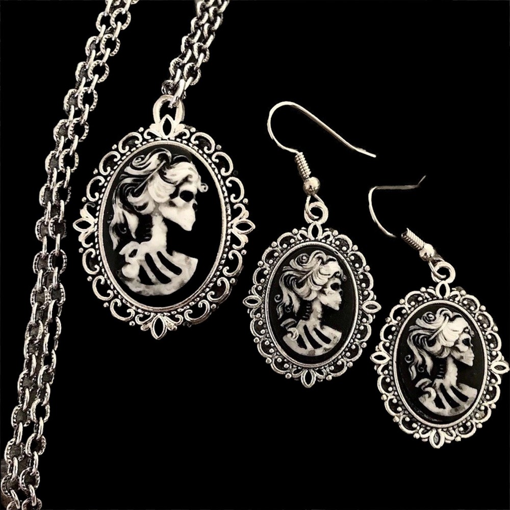Skull Cameo Necklace Pendant & Earrings, Distressed Lady Lolita Halloween Set
