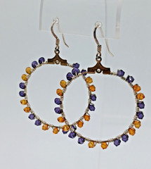 925 Open Circle Earrings 1.25in Drop Sterling Silver Wrapped Purple Gold Crystal