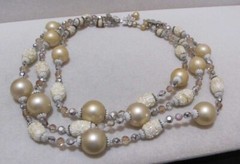 Vtg VENDOME Creamy Beige Sugar Glass Bead Aurora Borealis Crystal 3-Strand Neckl