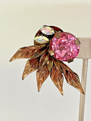 MCM Oversized Statement Artisan Clip Earrings Pink Rhinestones Copper Accents