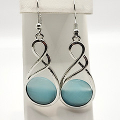 Sky Blue Round Glass Silver Tone Open Metal Drop Dangle Pierced Hook Earrings