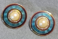 Vintage Earrings Signed Nuri Blue Enamel,”Neo Deco” Design Faux Pearl Rhinestone
