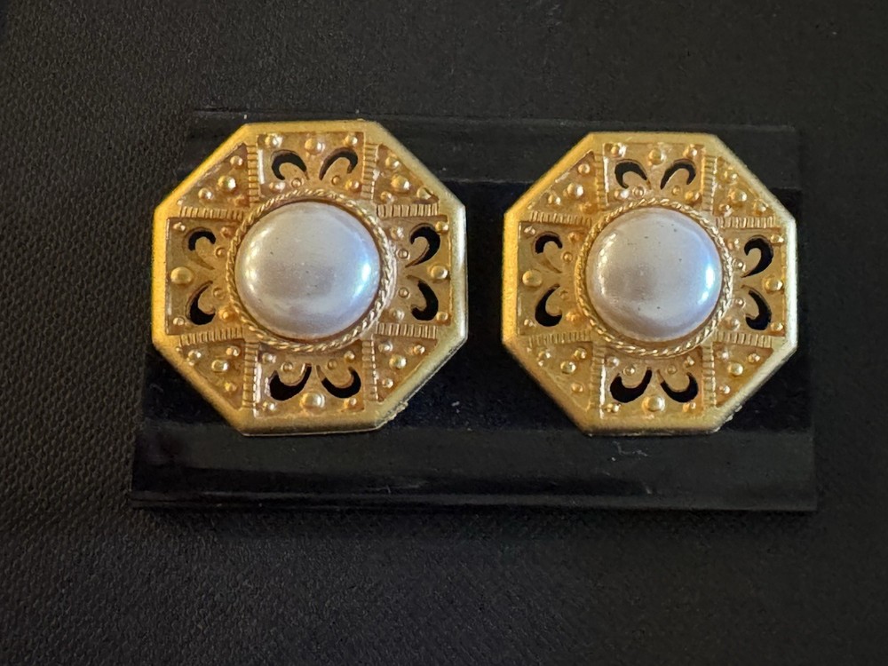 Vintage Decorative Gold Tone Faux Pearl Earrings Runway Statement Open Back