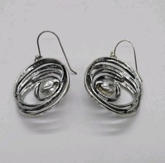 Spiral Earring Faux Pearl pierced Silver tone Hammered Dangle Boho 2.25 in