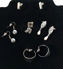 Vintage Earring Lo9t 5 Pair Silver Tone Studs Wide Hoops Dangle Beads Faux Pearl