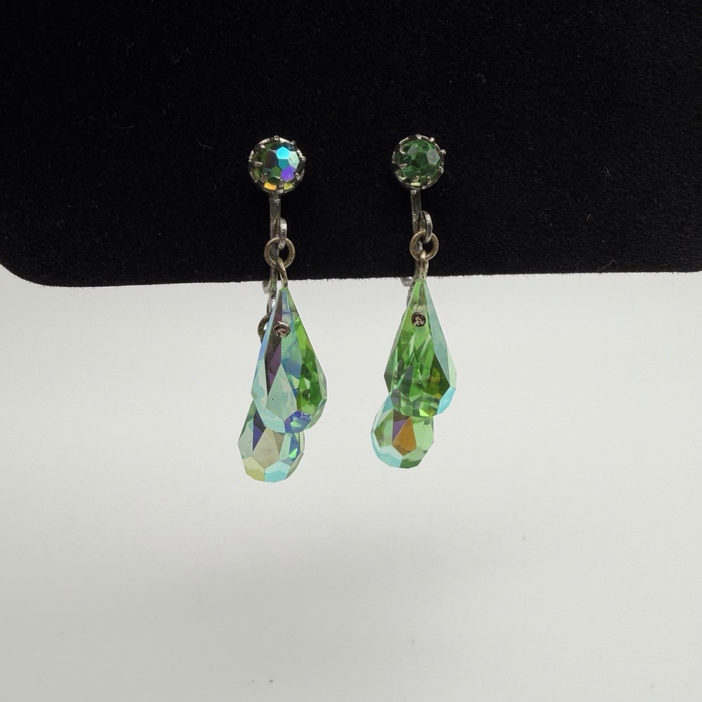 Vintage Green Aurora Borealis Crystal Screw Back Dangle Earrings 1940s 1950s