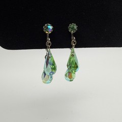 Vintage Green Aurora Borealis Crystal Screw Back Dangle Earrings 1940s 1950s