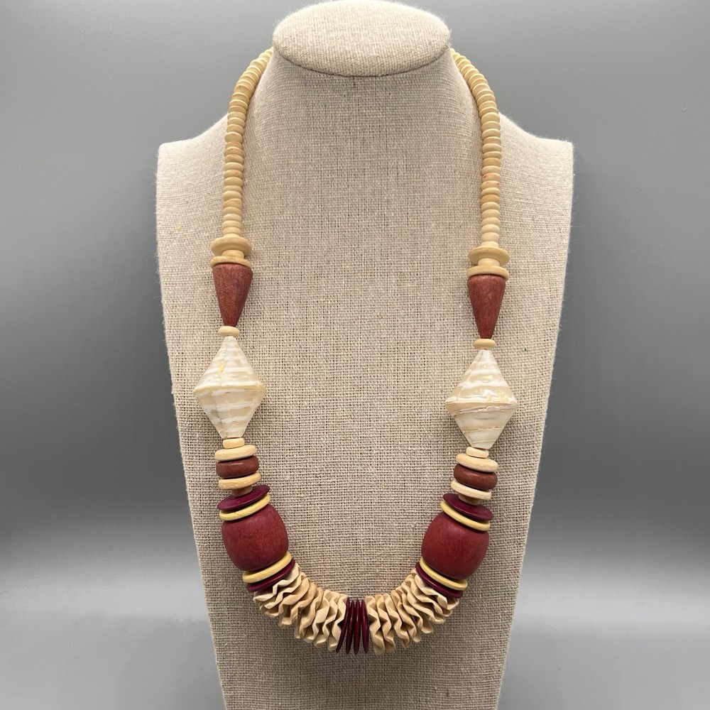 Vintage Chunky Wooden Beaded and Shell Statement Necklace Burgundy 23”