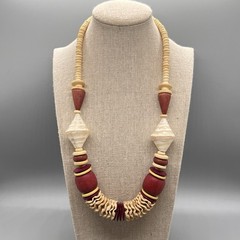 Vintage Chunky Wooden Beaded and Shell Statement Necklace Burgundy 23”
