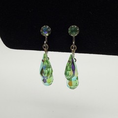 Vintage Green Aurora Borealis Crystal Screw Back Dangle Earrings 1940s 1950s