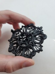 Vintage HUGE JET Black Japanned RHINESTONES Mourning BROOCH PIN FLOWER 2.5″