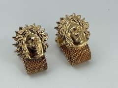 Vtg Gold Mesh Cufflinks Medusa Head Style Mythical Face Statement Gold Tone