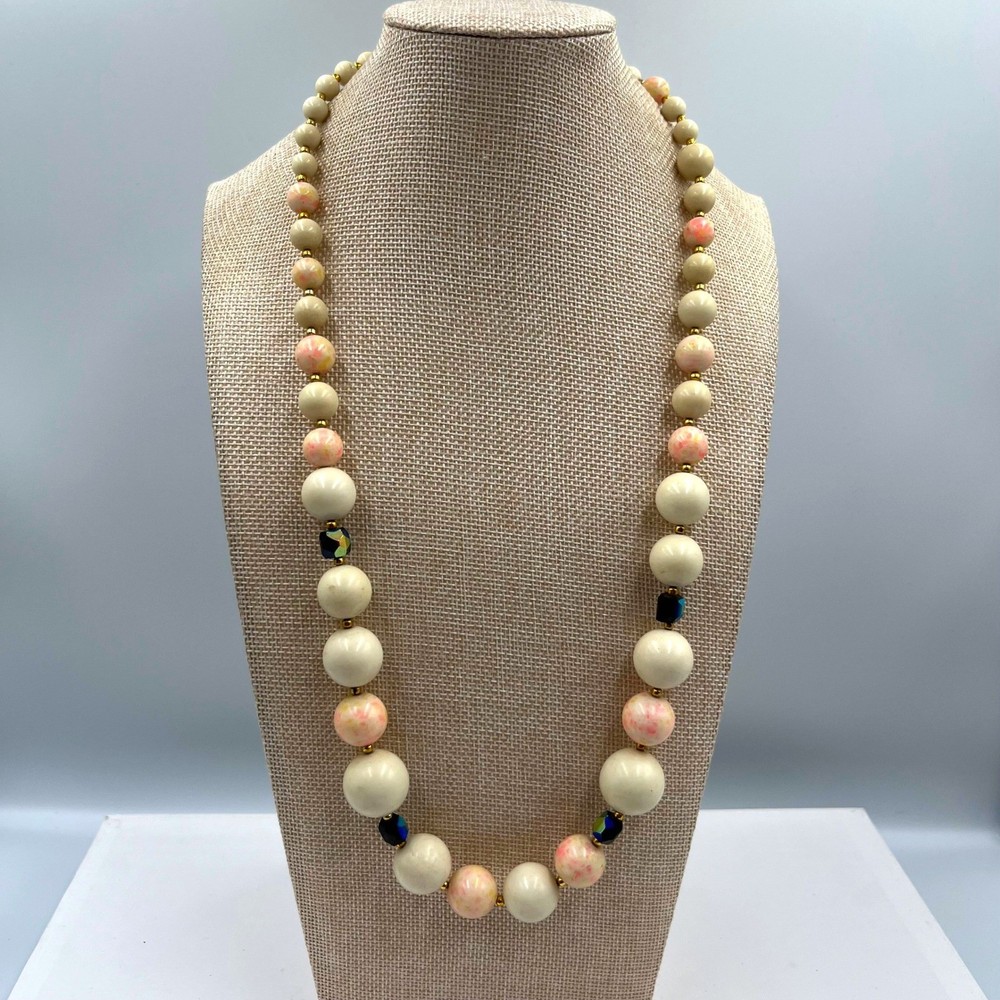 Vintage Pink Splatter Cream Beaded Necklace Aurora Borealis Crystal Accent 24″