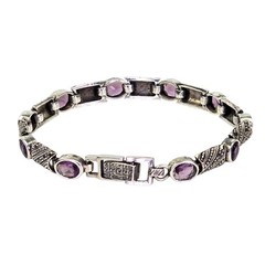 Vintage Sterling Silver Amethyst Marcasite Gemstone Art Deco Link Bracelet