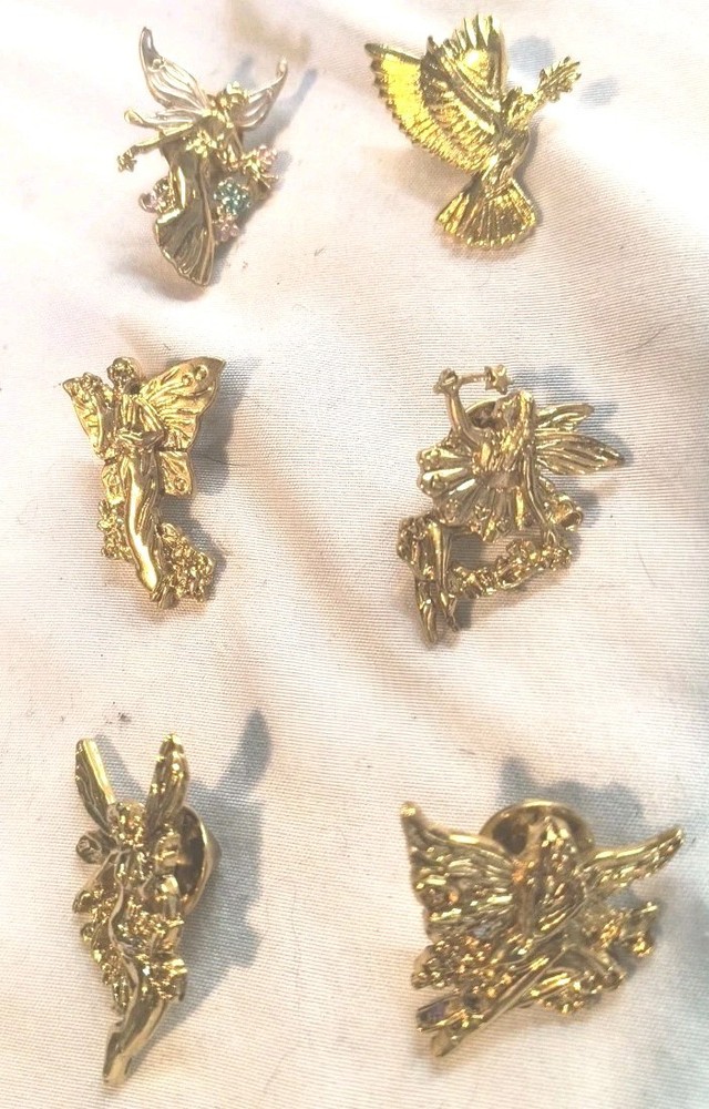 6 Vintage FAIRY ANGEL Gold Tone Lapel Pins Tie Tacks DIY Hat Purse Embellishment