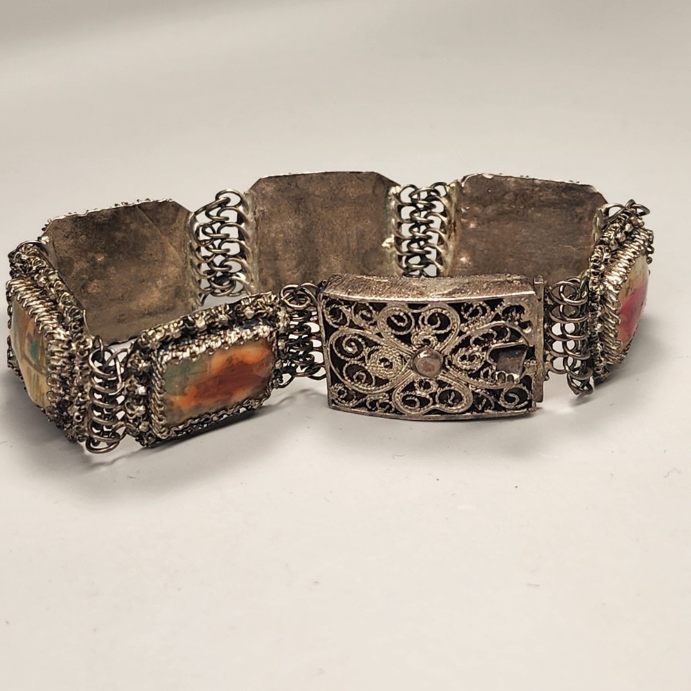Vintage Swiss Enamel Asian Cities Bracelet – Filigree Silver Metal 7″ Antique