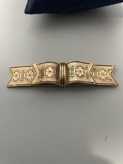 Coro Victorian Revival Enamel & Floral Engraved Bar Bow Shaped Pin Brooch 5” Vtg