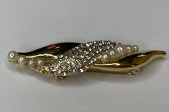 Vintage Estate Gold Pearl Swirl & Rhinestone Brooch Pin Statement