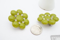 Vintage Clip On Earrings Silver Tone Rhinestone Green Flower