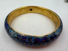 Vintage Bracelet Champleve Blue Floral 8.5 Inches Hollow Metal Bangle Asian