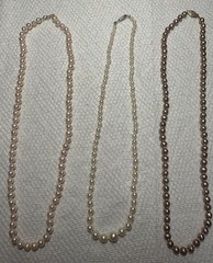 Vintage Single strand pearl necklace Lot of 3 with 10K gold clasps 17-18” inches