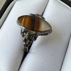 Antique 10k Yellow Gold & Sterling Banded Agate Marquis Navette Ring