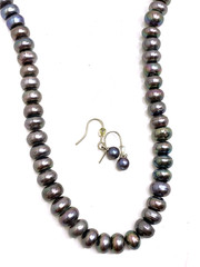 Retro Peacock Pearl Necklace 8mm Black Freshwater Drop Earrings 21 In