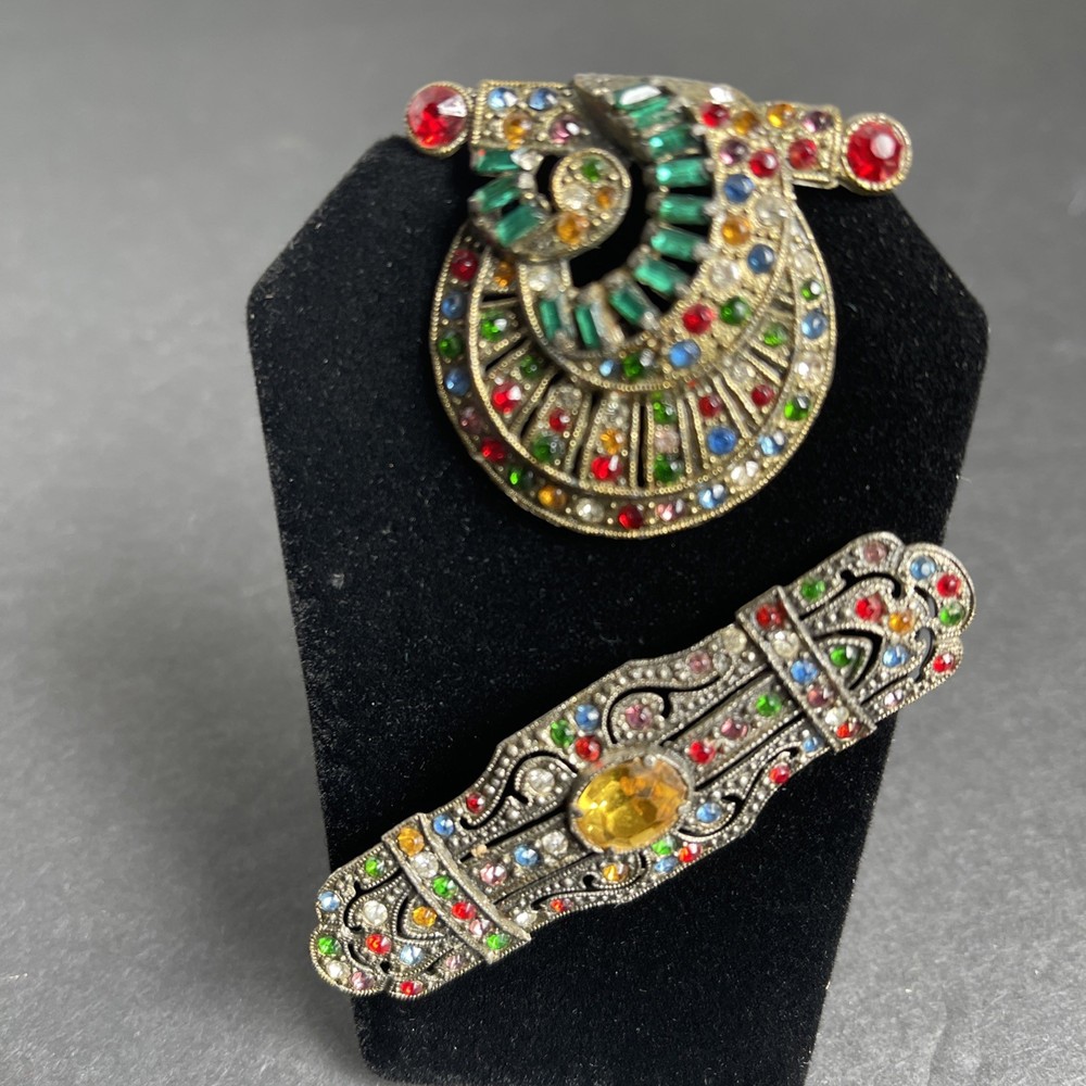 Vintage 1930s Art Deco Czech Rainbow Rhinestone Bar Brooch & Dress Clip Lot