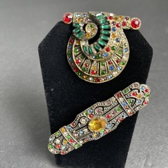 Vintage 1930s Art Deco Czech Rainbow Rhinestone Bar Brooch & Dress Clip Lot