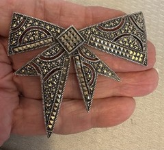 Vintage Judith Jack Sterling Silver Marcasite Bow Brooch Art Deco Revival Big 3″