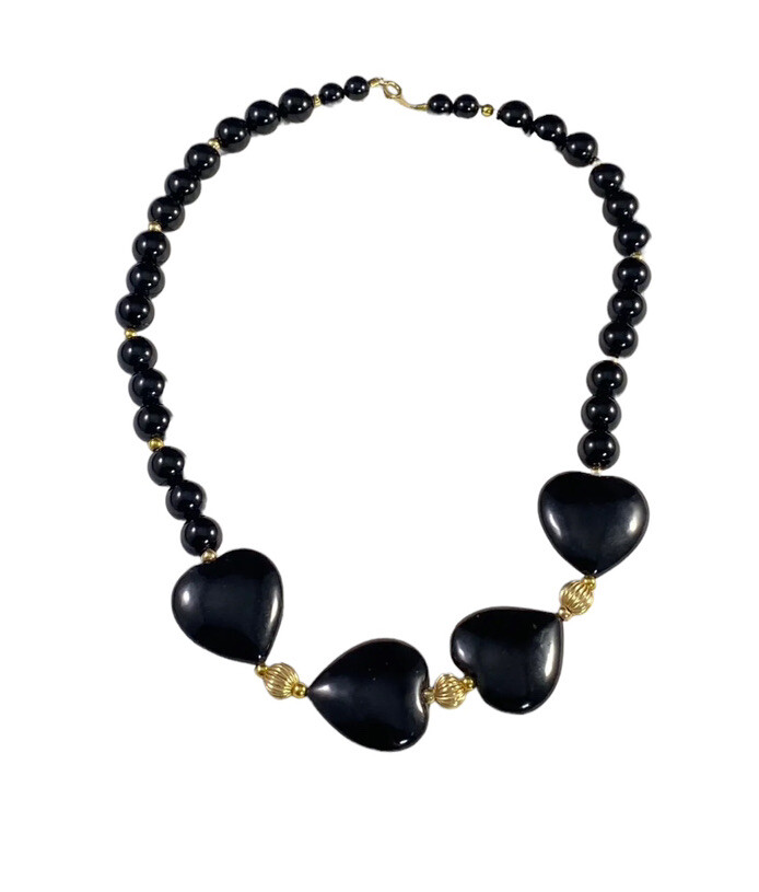 14k Yellow Gold Black Onyx Hearts Necklace Beaded 15.5 inches Vintage