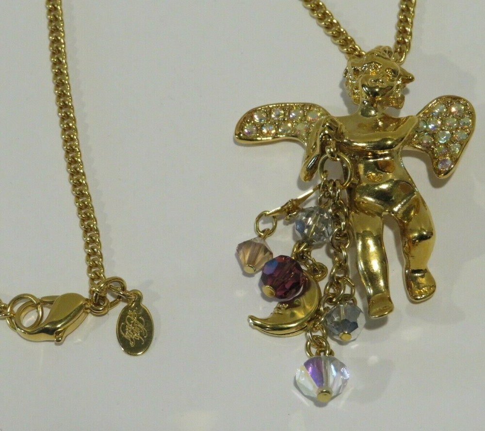 Vintage KIRKS FOLLY Fairy Angel Moon Stars Gold tone necklace Aurora Borealis