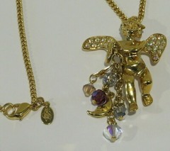 Vintage KIRKS FOLLY Fairy Angel Moon Stars Gold tone necklace Aurora Borealis