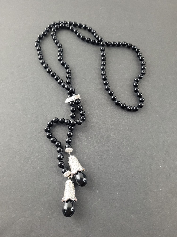 Black Glass Bead Rhinestone Tassel Lariat Necklace +Enhancer Signed Replica 44″