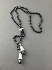 Black Glass Bead Rhinestone Tassel Lariat Necklace +Enhancer Signed Replica 44″