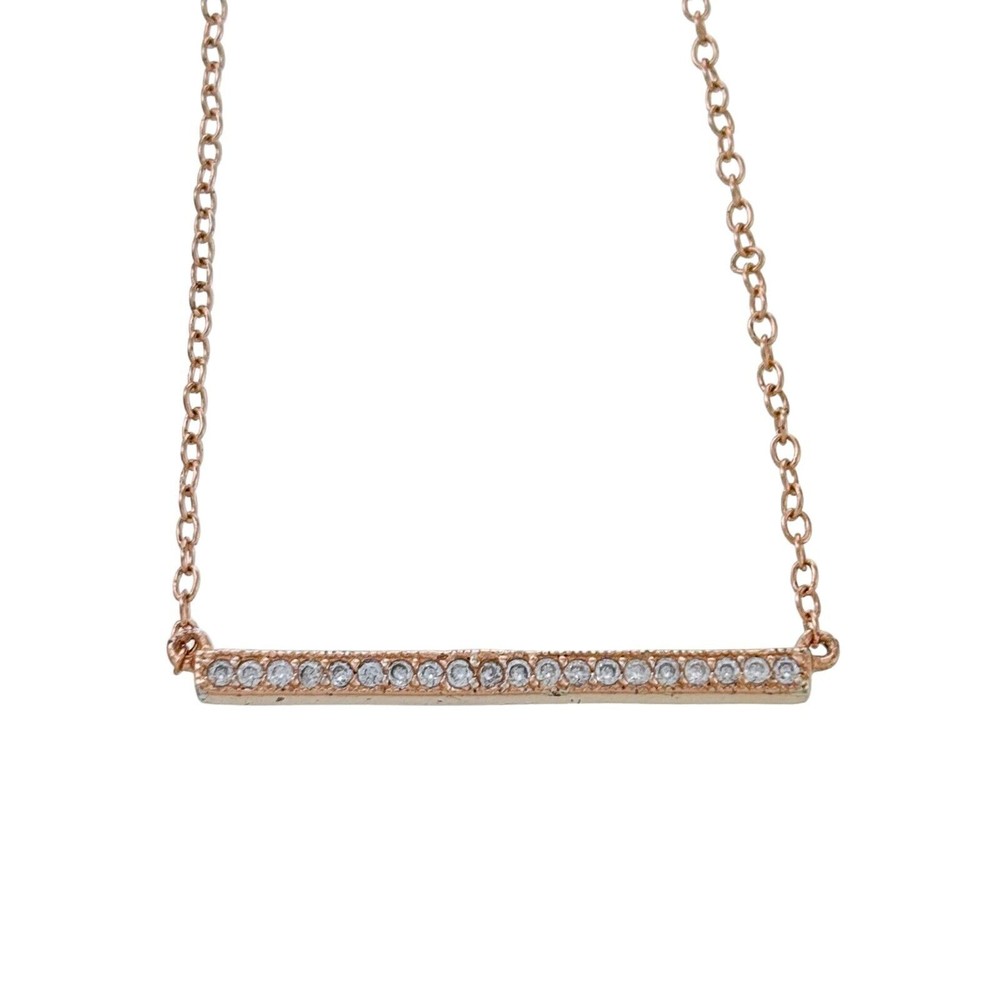Rose Gold Tone Cubic Zirconia Bar Necklace | Sterling Silver 925 | 16″-17″