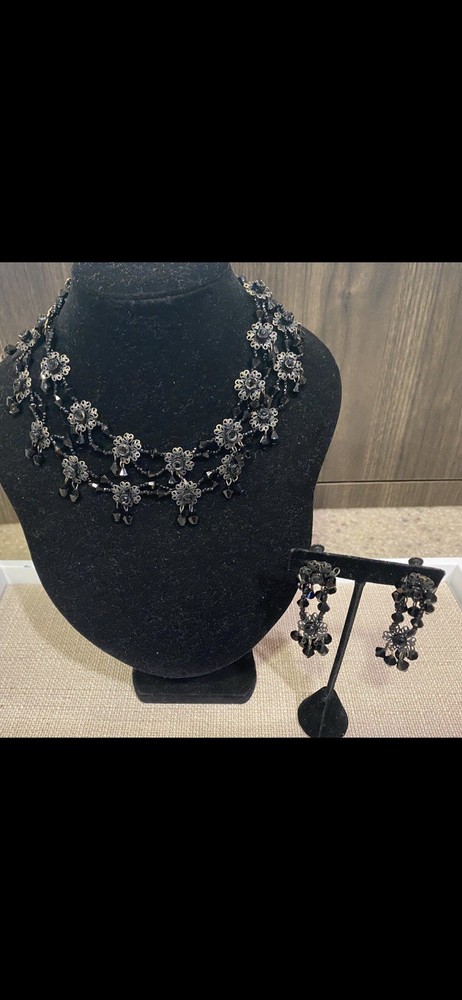 Miriam Haskell Signed Set Rare Flower Black Glass Rhinestone Necklace & Earrings
