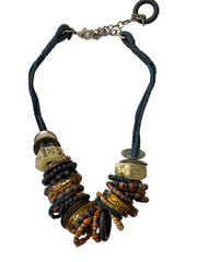 Chico’s ~ Chunky Blue Cord Wooden Resin Metal Rings Beaded Necklace Boho Tribal