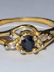 Vintage Genuine Sapphire & Simulated Diamond Trilogy Engagement Ring Size 7