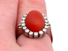 7.36 Ct Red Coral 0.80 Ct Diamond 18k White Gold Cocktail Ring Circa 1970